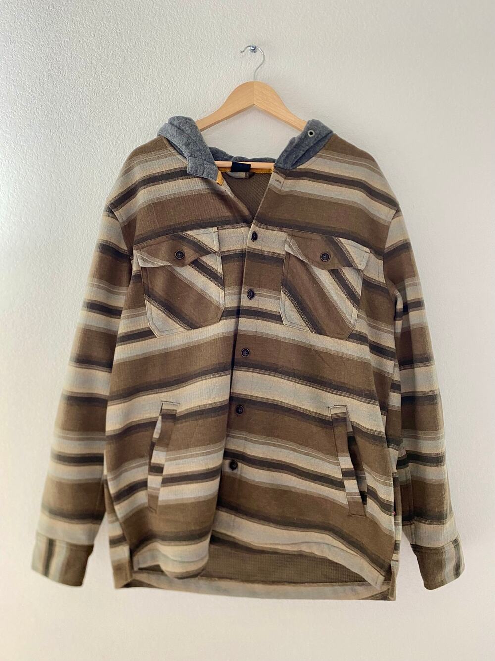 Quiksilver Hooded Flannel Shirt Jacket Brown Striped Men's Large Surf Skate Y2K